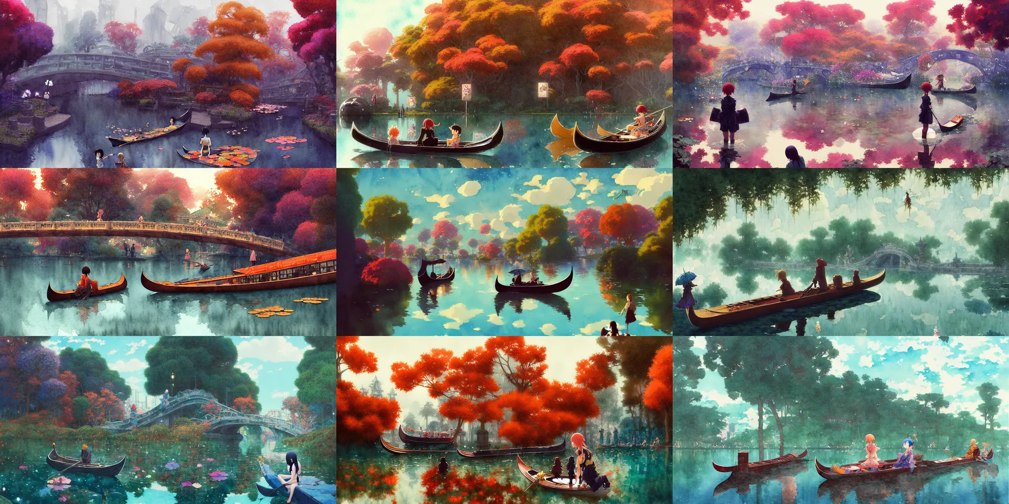 Prompt: anime movie scene, characters, waterway, fantasy. gondola boat, amazing composition, colorful watercolor, lily pads, reflections, by ruan jia, by maxfield parrish, by koji morimoto, by hikari shimoda, by sparth, by zhang kechun, illustration, gloomy, autumn, giant statues