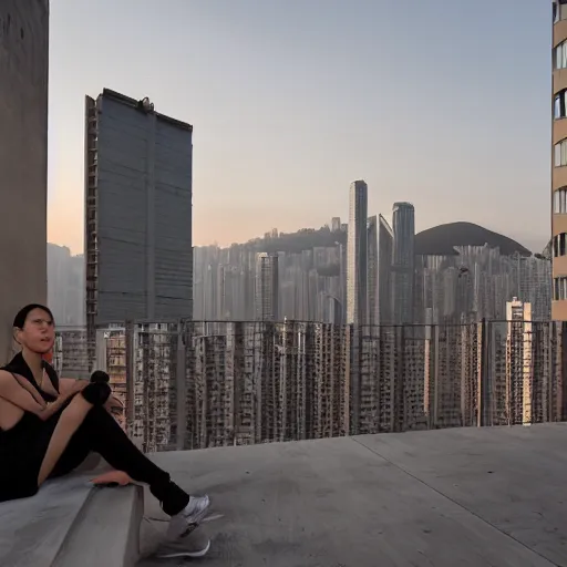 Image similar to a small rooftop with a couple of people sitting and watching the view, wearing black modern clothes, designed by rick owens, messy short hair, modern hong kong is on the background, sunset, pale colors, by gregory crewdson