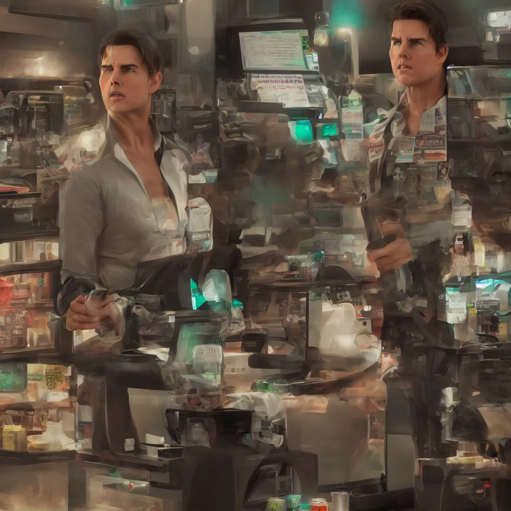 Prompt: Tom Cruise working as a 7/11 cashier, artstation, octane render, 8k, HD