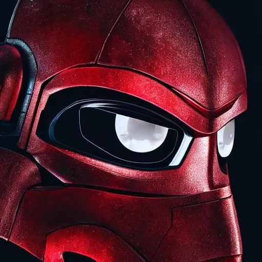 Image similar to Pixar, Star Wars, Marvel, black + red + white ant head superhero, wearing futuristic cybernetic battle armor, close up dramatic lighting, portrait, realistic reflection