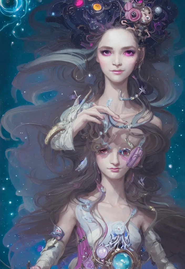 Image similar to close up picture of an maximalist dress magical girl, neat hair with bangs, smug face, extremely beautiful and aesthetic and detailed cute face and eyes, wipe out evils with cute astronaut familiar sprites, aming the magical beams to the camera, chiaroscuro, intricate, masterpiece, epic fantasy illustrations by peter mohrbacher and anato finnstark and jeremy lipking