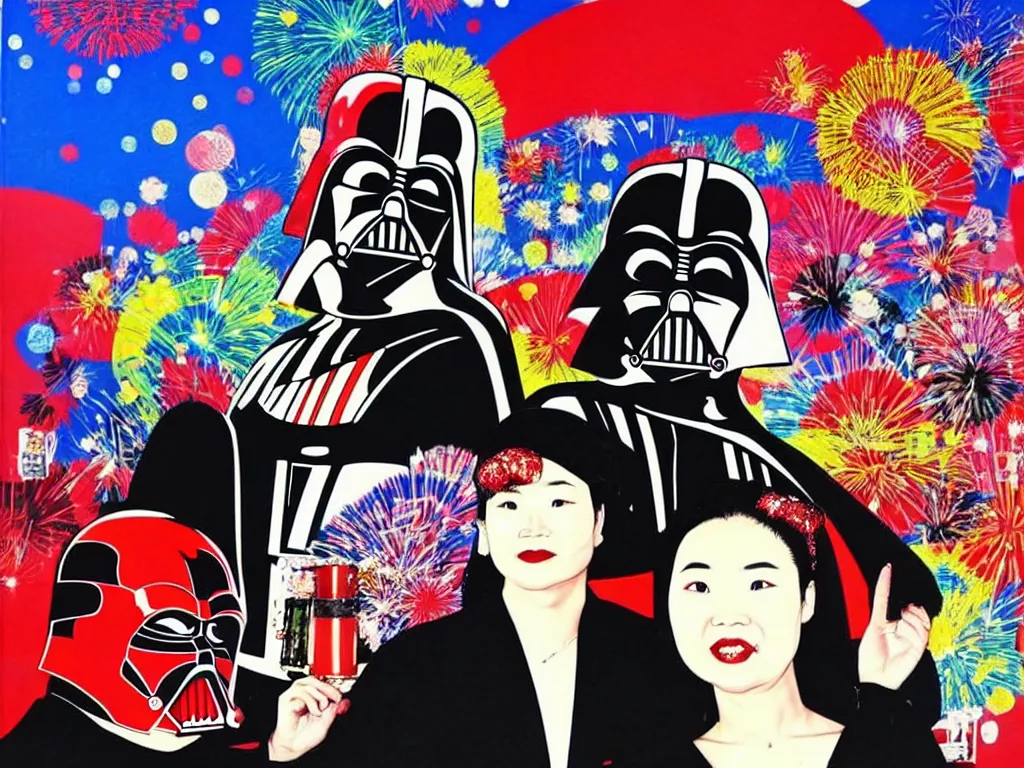 Image similar to hyperrealistic composition, in the middle the woman in a japanese kimono, behind her stands the darth vader, in front of her a table from the casino, in the background is ( ( mount fuji ) ) and fireworks, pop - art style, jacky tsai style, andy warhol style, acrylic on canvas