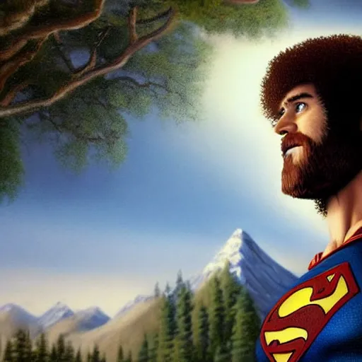 Image similar to a closeup photorealistic photograph of bob ross working on a canvas painting of superman. film still. brightly lit scene. mountains and trees. this 4 k hd image is trending on artstation, featured on behance, well - rendered, extra crisp, features intricate detail, epic composition and the style of unreal engine.