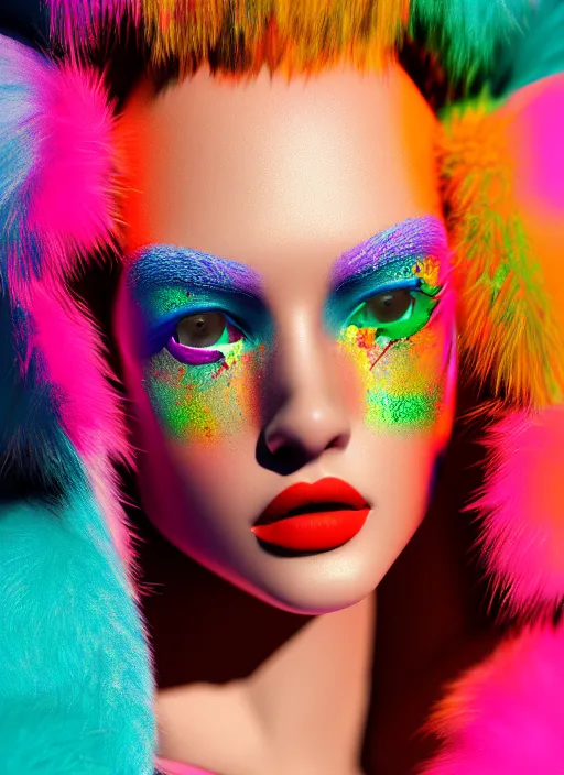 Prompt: stylish coat for a rave, bright colors, many details, prints, photo for a magazine, photo for a store, fashion photography, Vogue, 135 mm, cinematic, hyper realism, high detail, octane render, 8k, chrome accents, very coherent symmetrical artwork, perfect face model, full length photo, Upper and lower body, white skin colour