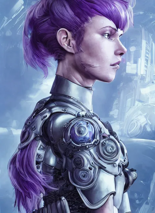 Image similar to close up portrait of a pale woman in sci - fi power armor with purple ponytail hair, powerful, domineering, stoic, intense, ultrafine hyperdetailed illustration by kim jung gi, irakli nadar, intricate linework, sharp focus, octopath traveler, yoji shinkawa, highly rendered, radiant light, detailed, intricate environment