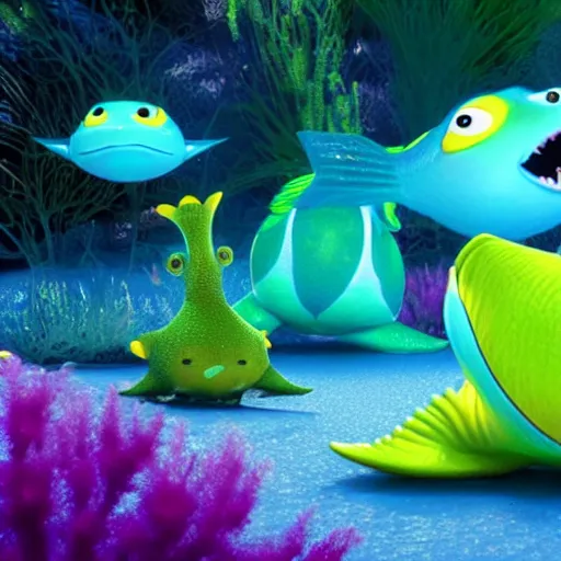 Image similar to smiling baby fish - aquatic tron dinosaurs with glowing blue bio - phosphorescent lines in body. rendered by pixar