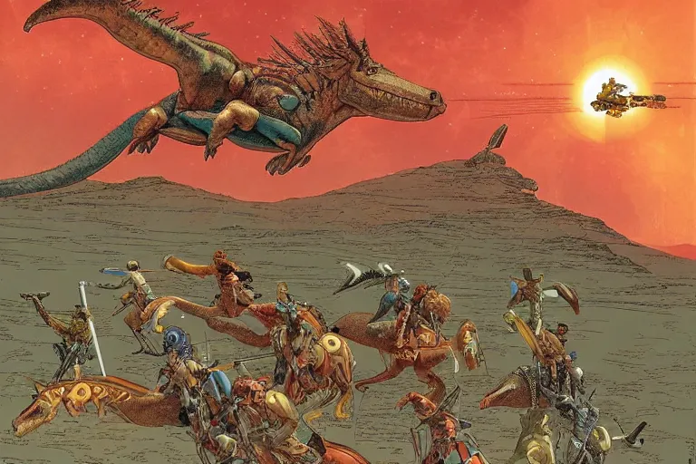 Image similar to beautiful amazons riding dinosaurs on mars against a backdrop of canyons, mercury rainbows in the sky and space fighters shooting, artwork by jean giraud