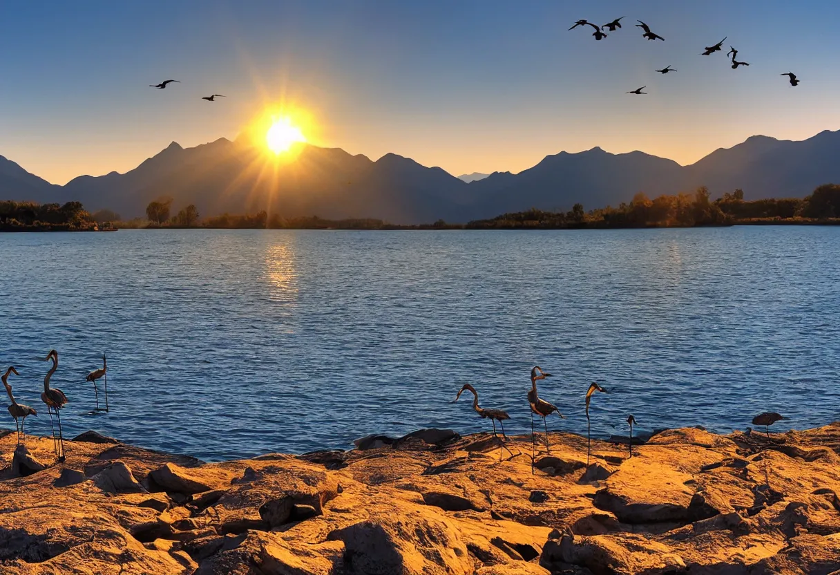 Prompt: a photo of a lake with mountains in the background, dusk, two cranes flying across the sun, sun rays hitting the pebbles in the foreground