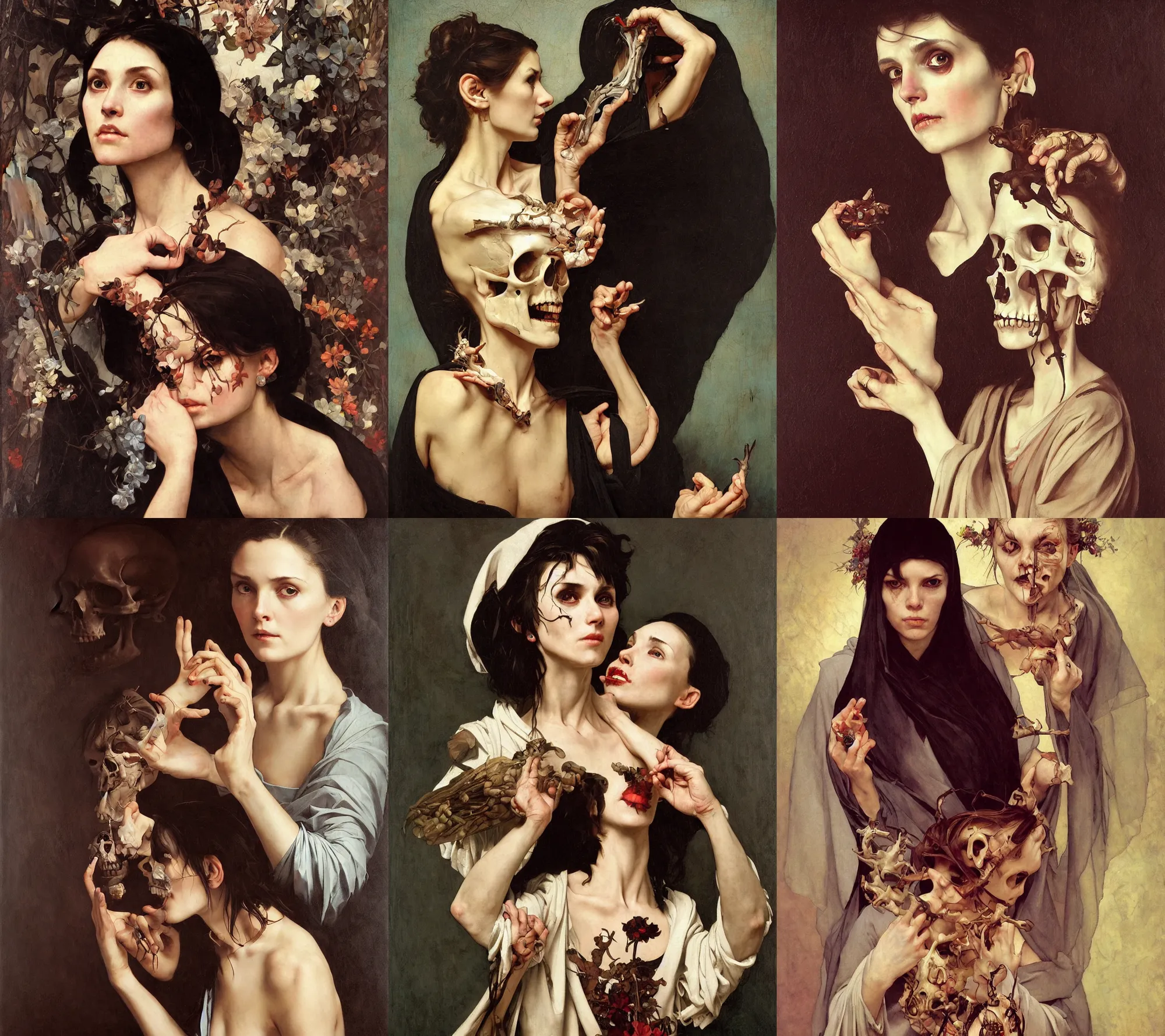 Prompt: A which stare at a skull in her hand. She wear a long dark robe. Painted by Caravaggio, Greg rutkowski, Sachin Teng, Thomas Kindkade, Alphonse Mucha, Norman Rockwell, Tom Bagshaw. Oil painting