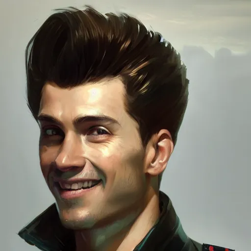 Image similar to Portrait of a man by Greg Rutkowski, he is about 30 years old, mixture between russian and turkish, quiff copper hair, attractive, uncanny smile, he is wearing a futuristic police outfit, highly detailed portrait, scifi, digital painting, artstation, concept art, smooth, sharp foccus ilustration, Artstation HQ