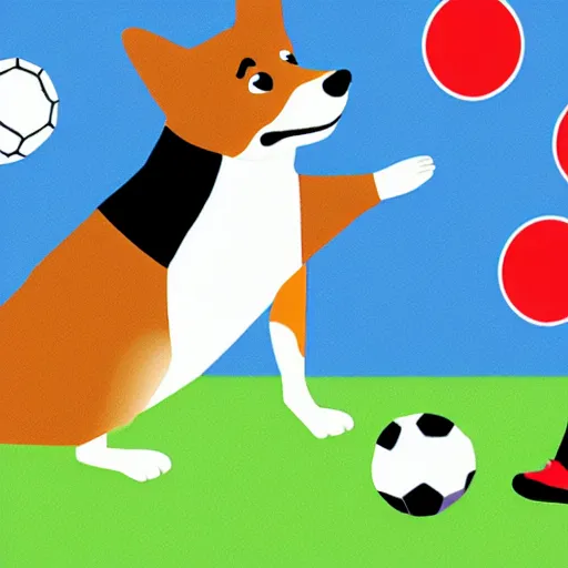 Image similar to illustration of french boy playing football with a corgi who is wearing a polka dot scarf