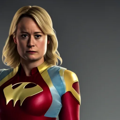 Image similar to Brie Larson as Power Girl, full body with costume, realistic, 4k