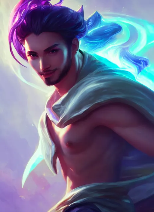 Image similar to handsome lux fortune from league of legends, half body shot, path traced, realistic, highly detailed, high quality, digital painting, hd, alena aenami, lilia alvarado, shinji aramaki, karol bak, alphonse mucha, tom bagshaw