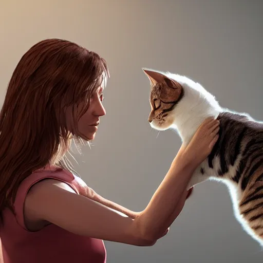 Image similar to two women playing with cats ; photorealistic ; unreal engine