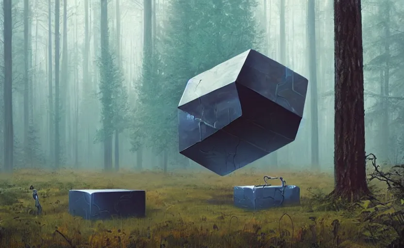 Prompt: a giant metallic cube on the ground in the forest, realistic sci-fi painting by simon stålenhag, digital art, trending on artstation