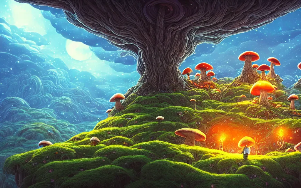 Image similar to the mushroom story house tells the tale of an epic journey, a journey into the mind of the creator. the mushrooms grow on a mountain that is home to lost time. by dan mumford, yusuke murata, makoto shinkai, ross tran, cosmic, heavenly, god rays, intricate detail, cinematic, cel shaded, unreal engine, featured on artstation, pixiv