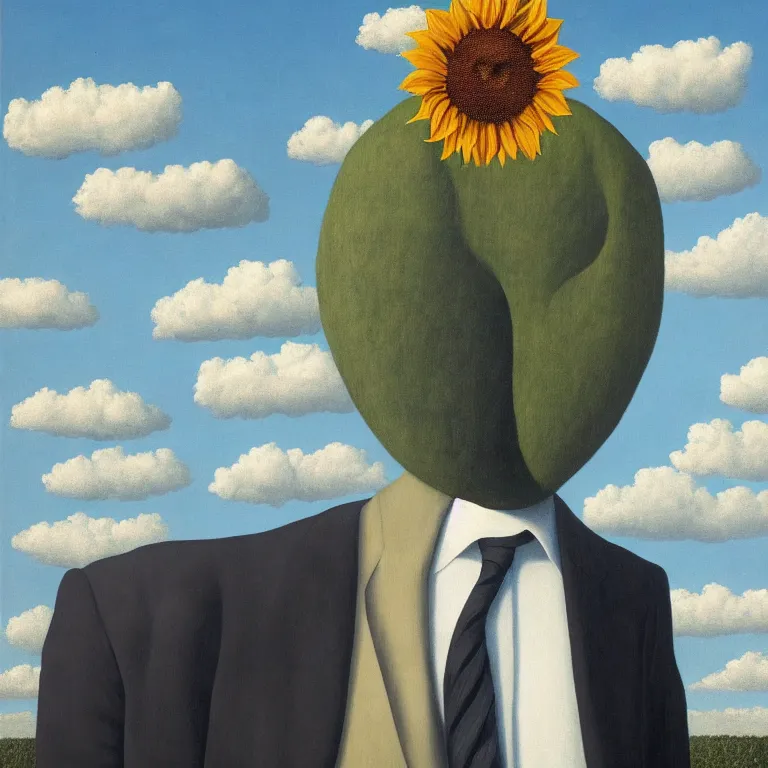 Image similar to portrait of a faceless sunflower - head man in a suit, clouds in the background, by rene magritte, detailed painting, distance, centered, hd, hq, high resolution, high detail, 4 k, 8 k