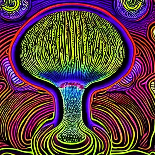 Image similar to Terence McKenna reincarnated as a magic mushroom. in style of Alex Grey, highly detailed, blacklight poster