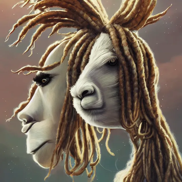 Image similar to llama with dreadlocks, industrial scifi, by mandy jurgens, ernst haeckel, artgerm, james jean