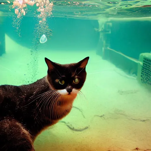 Image similar to photograph of cat wearing diving gear swimming in a vat of acid