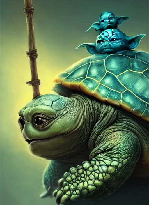 Image similar to cute wise sage turtle holding a staff, yoda - like, subsurface scattering, by jesper ejsing, justin gerard, tomasz alen kopera, cgsociety and fenghua zhong, highly detailed, rim light, cinematic lighting, illustration, art, octane render, very coherent, cinematic, hyper realism, high detail, octane render, 8 k