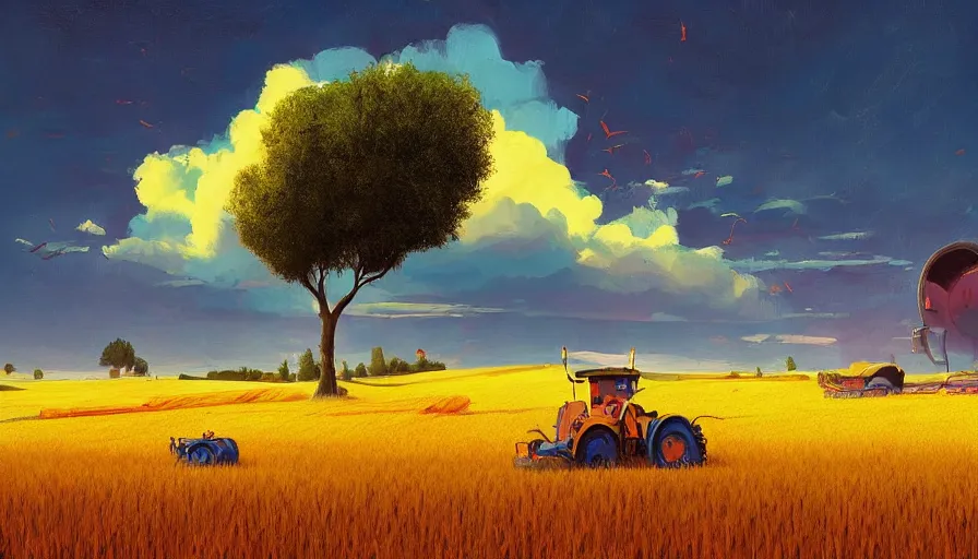 Image similar to colourful sky, wheat field, combine harvester, big trees, matte painting, art station, digital art, simon stalenhag