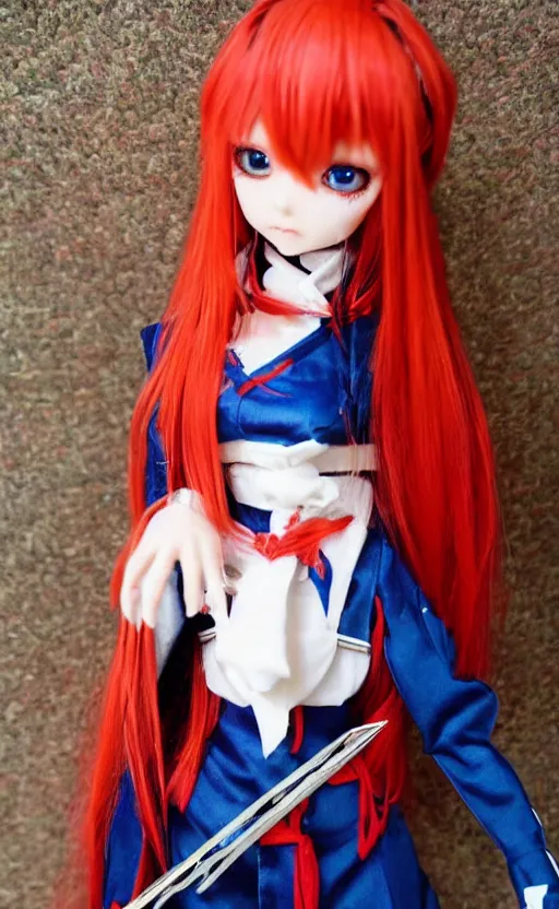 Image similar to dollfie in samurai suit, red hair, blue eyes,