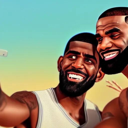 Image similar to beautiful serene intricate portrait of kyrie irving and lebron james taking a selfie, smiling softly, relaxing on the beach, golden hour, soft focus, 8 k, art by irakli nadar, hyperrealism, hyperdetailed, ultra realistic