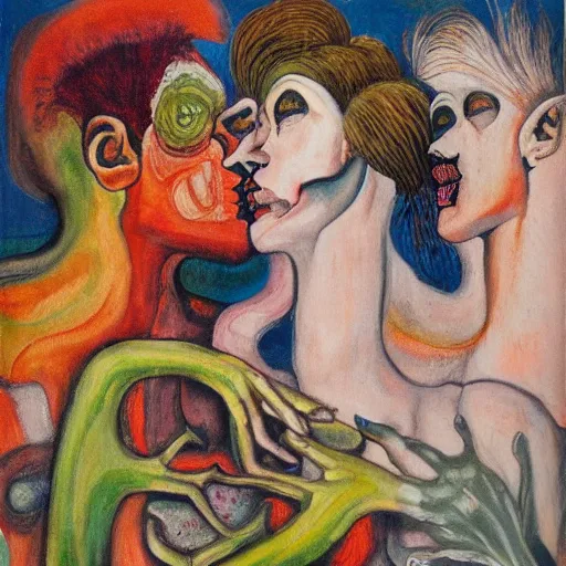 Image similar to acrylic painting by otto dix of a closeup of bizarre psychedelic femme creatures kissing each other, speculative evolution, exobiology