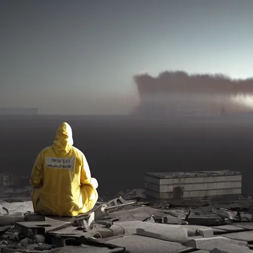 Image similar to a beautiful award-winning photo of the last man on Earth wearing a hazmat suit, sitting and depressed, serene post-nuclear background, a huge nuclear cloud, a mirage of a skyline of a destroyed city, numerous fires, volumetric lighting, haze, very high quality, extremely detailed, subtle visual noise, unreal engine 5, 8K