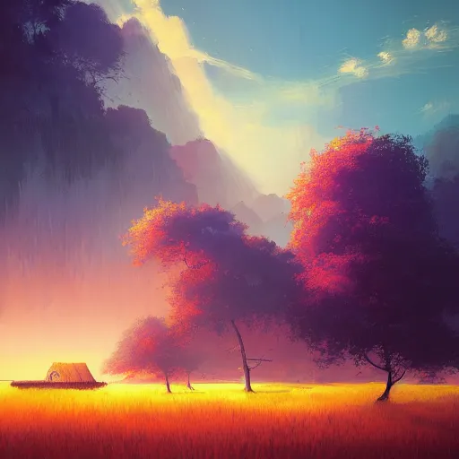 Image similar to beautiful scenery of a ricefield, by anato finnstark, by alena aenami, by john harris, by ross tran, by wlop, by andreas rocha