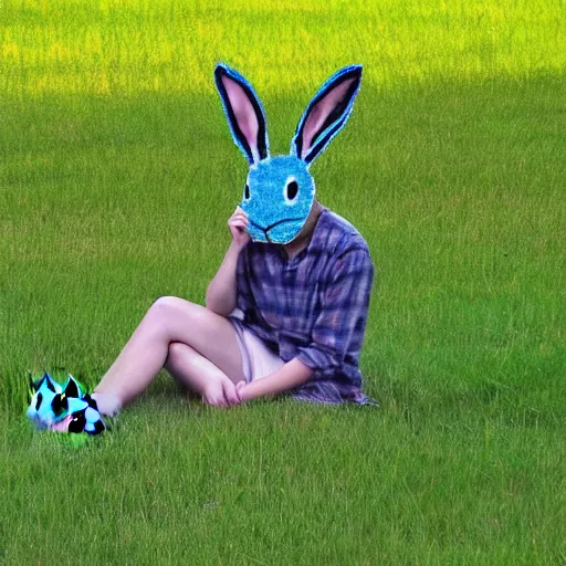 Prompt: a person sitting in the grass with a bunny mask on by albright ivan,