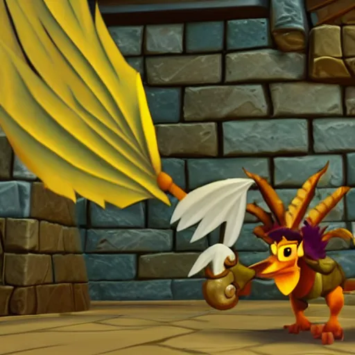 Prompt: screenshot of a humanoid anthropomorphic gryphon bard with a feather in its cap as an enemy in spyro the dragon video game, with playstation 1 graphics, activision blizzard, upscaled to high resolution