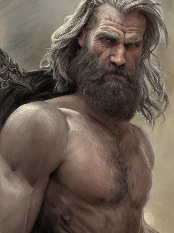 Prompt: painted portrait of rugged odin, god of war, eyepatch, norse god, white hair, masculine, mature, handsome, upper body, grey and silver, muscular, hairy torso, fantasy, intricate, muscular, elegant, highly detailed, digital painting, artstation, concept art, smooth, sharp focus, illustration, art by gaston bussiere and alphonse mucha