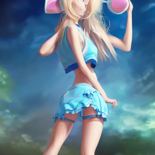 Prompt: full body shot : a very beautiful young blond anime girl with bunny headphones, sky blue eyes,, bikini, miniskirt, highly detailed, cinematic wallpaper by stanley artgerm lau