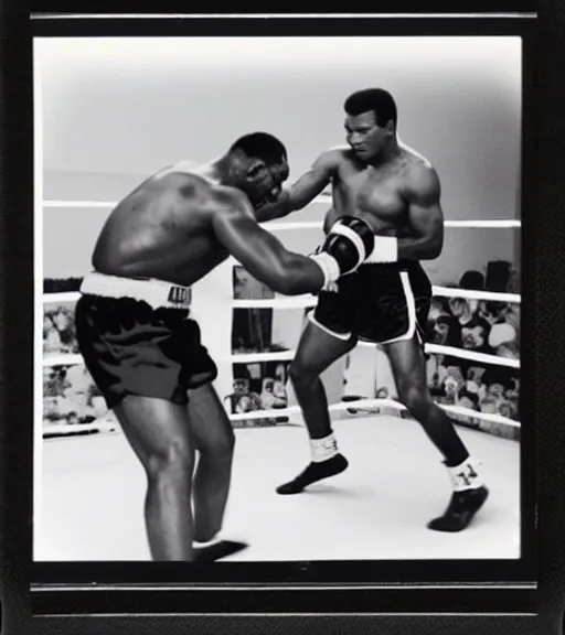 Image similar to photograph of Mike Tyson boxing Mohammed Ali round 12 heavy weight championship, taken on instant film polaroid, signed by mike tyson and mohammed ali