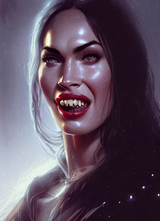 Image similar to portrait of megan fox as a vampire showing his teeth, intricate, elegant, glowing lights, highly detailed, digital painting, artstation, concept art, smooth, sharp focus, illustration, art by wlop, mars ravelo and greg rutkowski