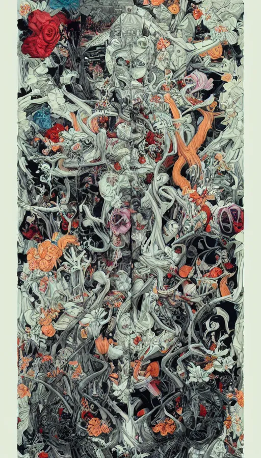 Prompt: life and death mixing together, by james jean