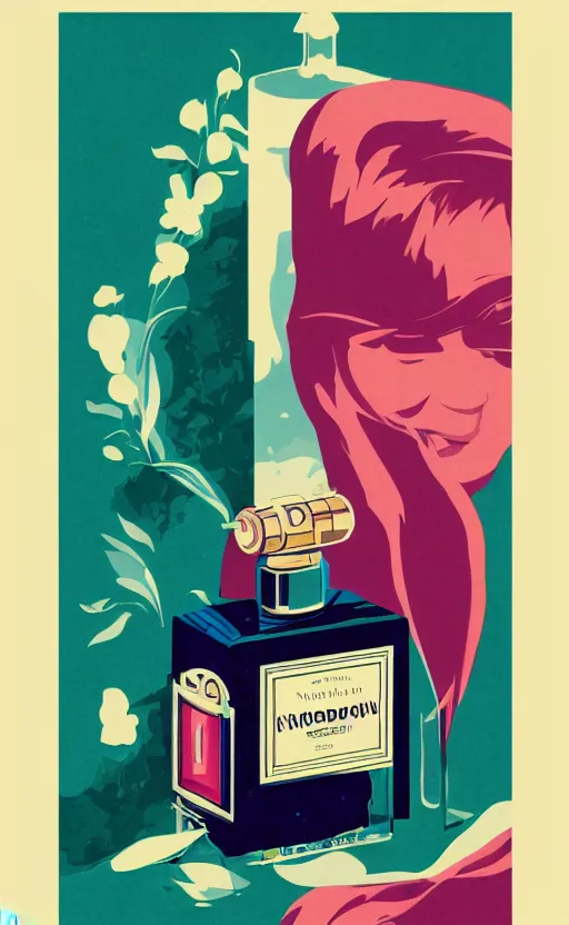 Image similar to illustration, close - up photo with beautiful bottle of perfume near nose, sniffing the aroma, an art deco painting by tom whalen, digital illustration, storybook illustration, grainy texture, flat shading, vector art, airbrush, pastel, watercolor, poster