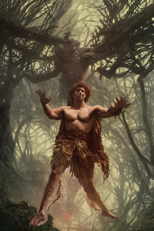 Image similar to portrait of michael cera as a hulking herculean demon, forest, godlike, full body, fantasy, intricate, elegant, highly detailed, digital painting, artstation, concept art, sharp focus, illustration, art by artgerm and greg rutkowski and alphonse mucha