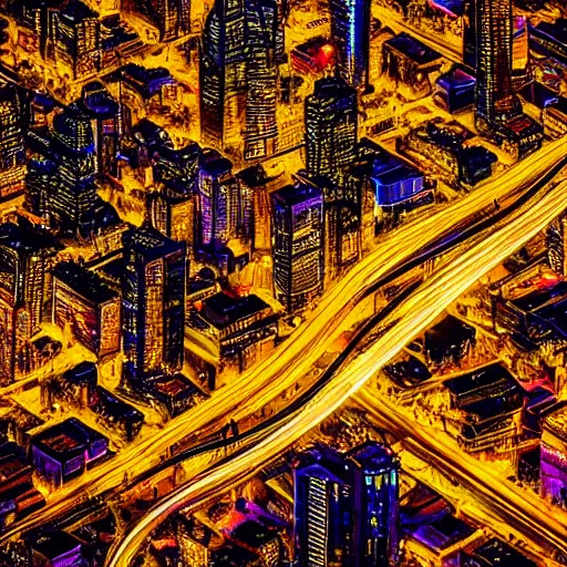 Prompt: an aerial view of a city at night, photo by lisa frank, instagram contest winner, maximalism, glowing lights, vivid colors, circuitry