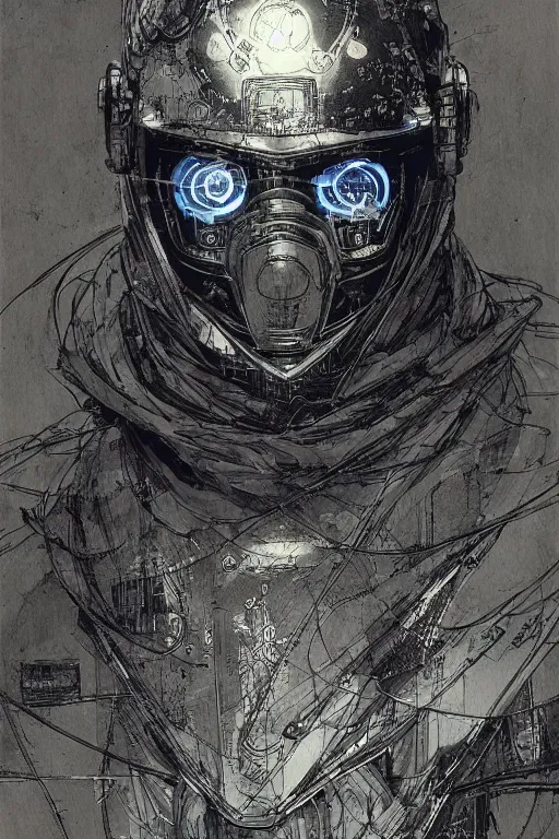 Prompt: portrait of a futuristic masked man with cybernetics and wires on the helmet, pen and ink, intricate line drawings, by craig mullins, ruan jia, kentaro miura, greg rutkowski