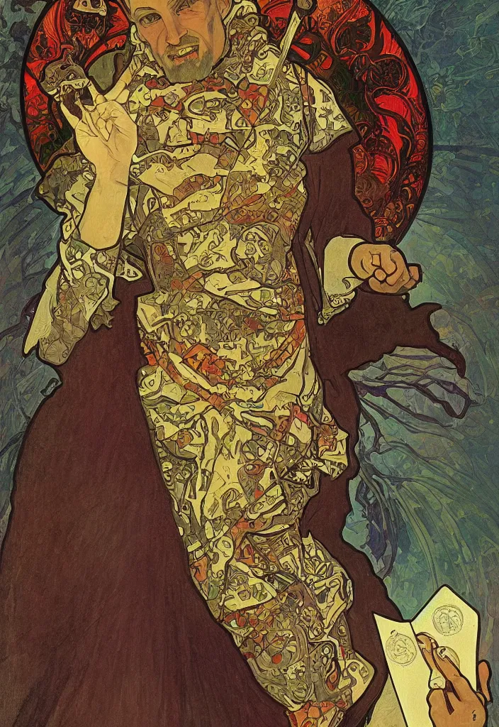 Prompt: Jurgen Schmidhuber as the Devil on a tarot card, tarot in art style by Alphonse Mucha