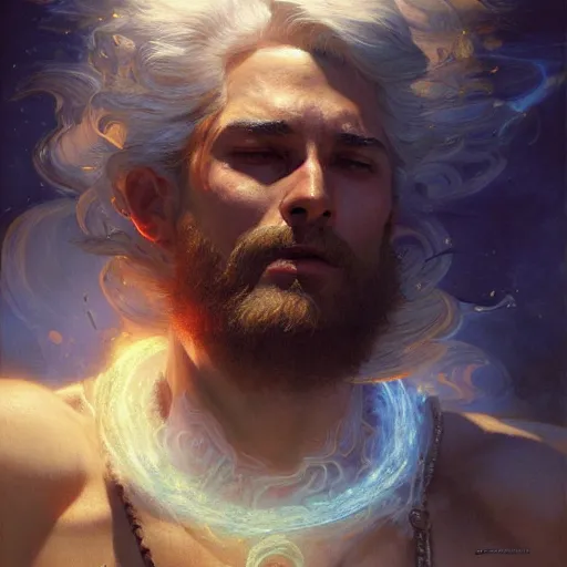 Image similar to stunning male wizard causing huge tsunami by exhaling breath, highly detailed painting by gaston bussiere, craig mullins, j. c. leyendecker, 8 k