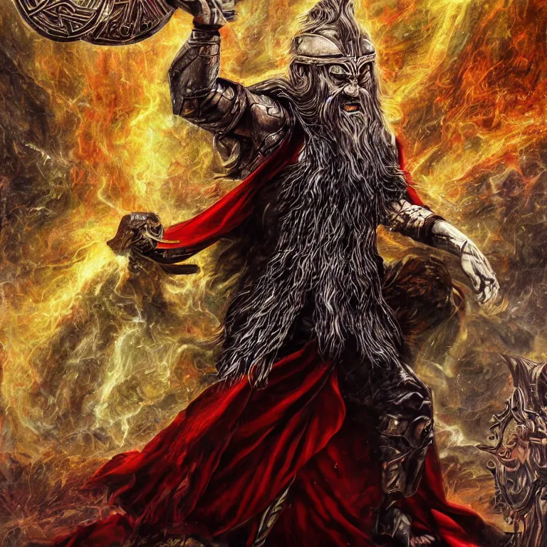 Prompt: mythological Odin all father, with dark red cape, god of thunder and artificial intelligence creating an artificial neural network with dark yellow synapses on an anvil, high resolution, award winning art, trending on art station, sharp image, incredibly detailed, odin all father detailed character realistic painting, dark background