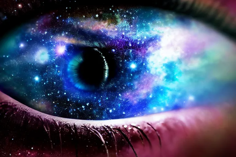 Image similar to a galaxy is inside of an eye, beautiful eye, eye, eye of a woman, realistic, ultra realistic, macro photo, beautiful, digital art, conceptual art, trending on artstation