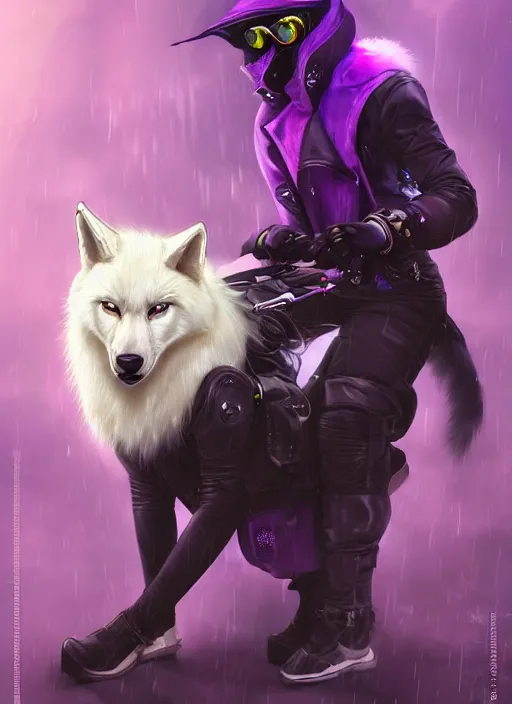 Prompt: award winning beautiful portrait commission of a male furry anthro albino wolf fursona with a tail and a cute beautiful attractive detailed furry face wearing stylish black, purple and yellow cyberpunk biker clothes riding a futuretech motorcycle in a cyberpunk city at night while it rains. Character design by charlie bowater, ross tran, artgerm, and makoto shinkai, detailed, inked, western comic book art