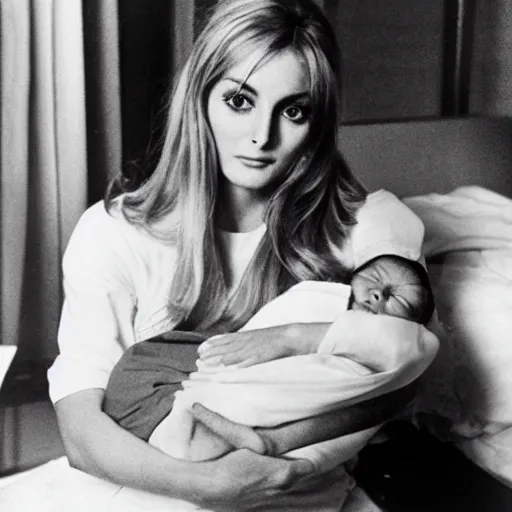 Prompt: sharon tate in a hospital bed holding her newborn