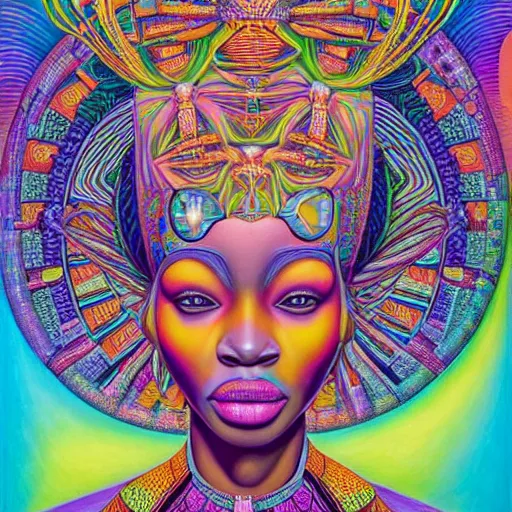 Image similar to a regal and heroic african queen with a colorful afro sitting in a cabana near a large steampunk pyramid near a pink river with a large glowing baobab tree, by amanda sage and alex grey and evgeni gordiets in a surreal psychedelic style, symmetrical, detailed eyes, oil on canvas 8k, hd