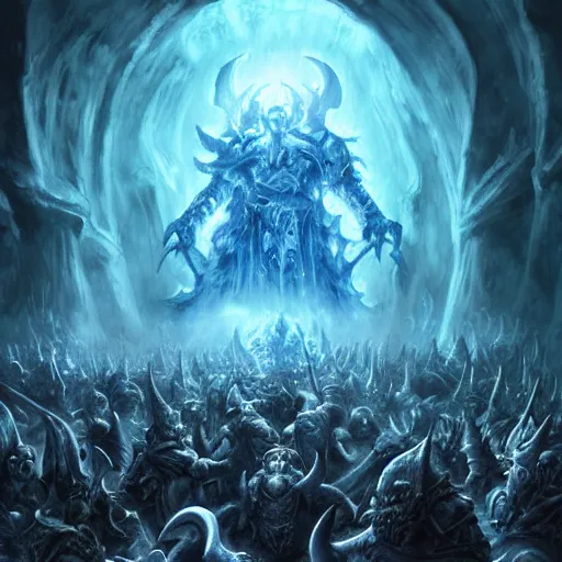 Image similar to vast ice dungeon, arthas the lich king summoning a horde of undead warriors, warcraft, warcraft artwork, mixed art, cinematic light, majestic, hyperrealistic, hyper detailed, dark fantasy, gritty